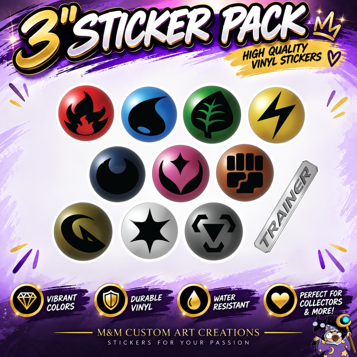 Pokemon TCG Energy Symbol Stickers 3" Glossy Vinyl Set of 11 Card Game Decals