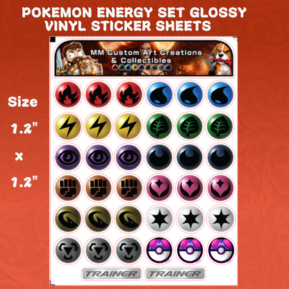 Pokemon TCG Energy Symbol Sticker Sheets Glossy Vinyl Set of 11 Energy Decals